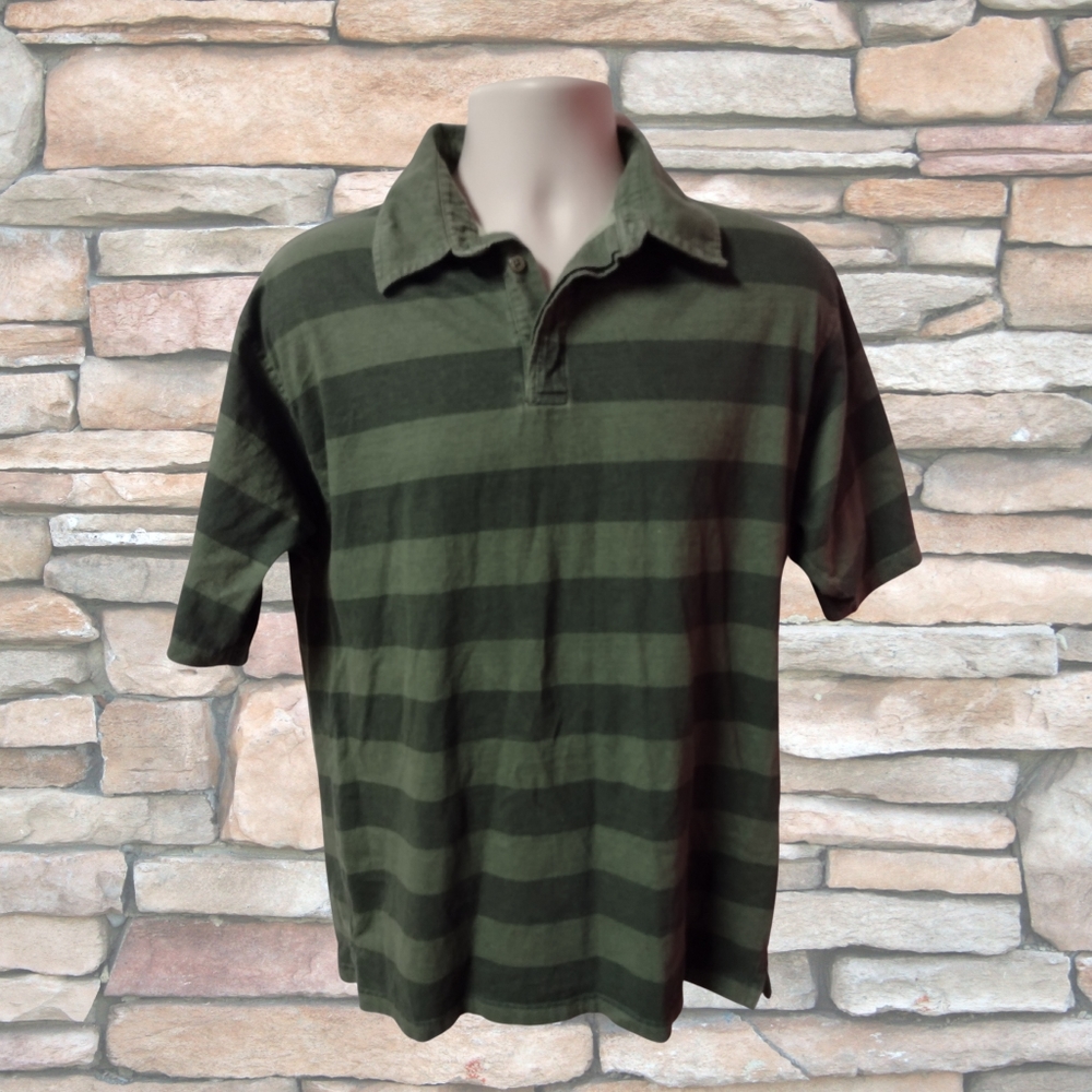 Tz) Faded Glory Men’s Polo Shirt – Green Striped Cotton Size M
